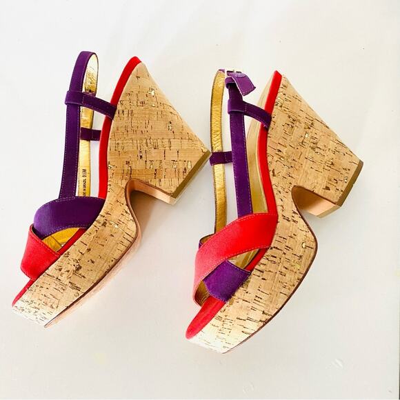 KATE SPADE Purple Red Colorblock Penny Cork Wedges Heeled Sandals Slingback 9.5 - Picture 7 of 12